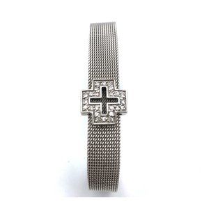 Sterling Silver Mesh Bracelet with CZ Cross Bracelet 7"
